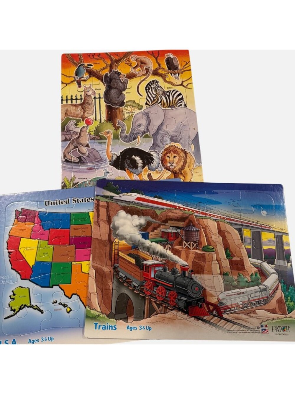 Patch Puzzle Set 3 Zoo Animals Trains USA Map Educational Fun 25 piece